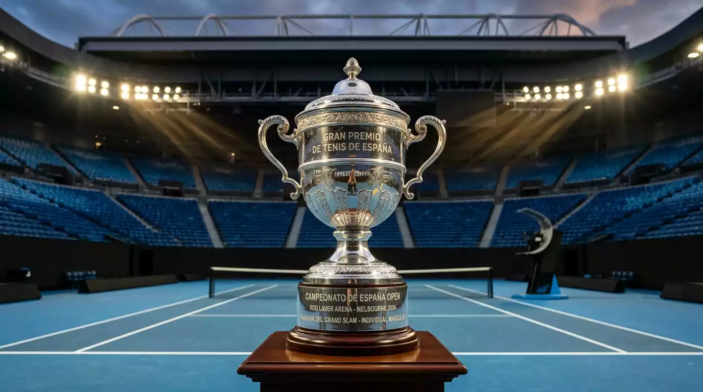Trofeo del Open de Australia sobre la pista dura de Melbourne Park con el estadio de fondo